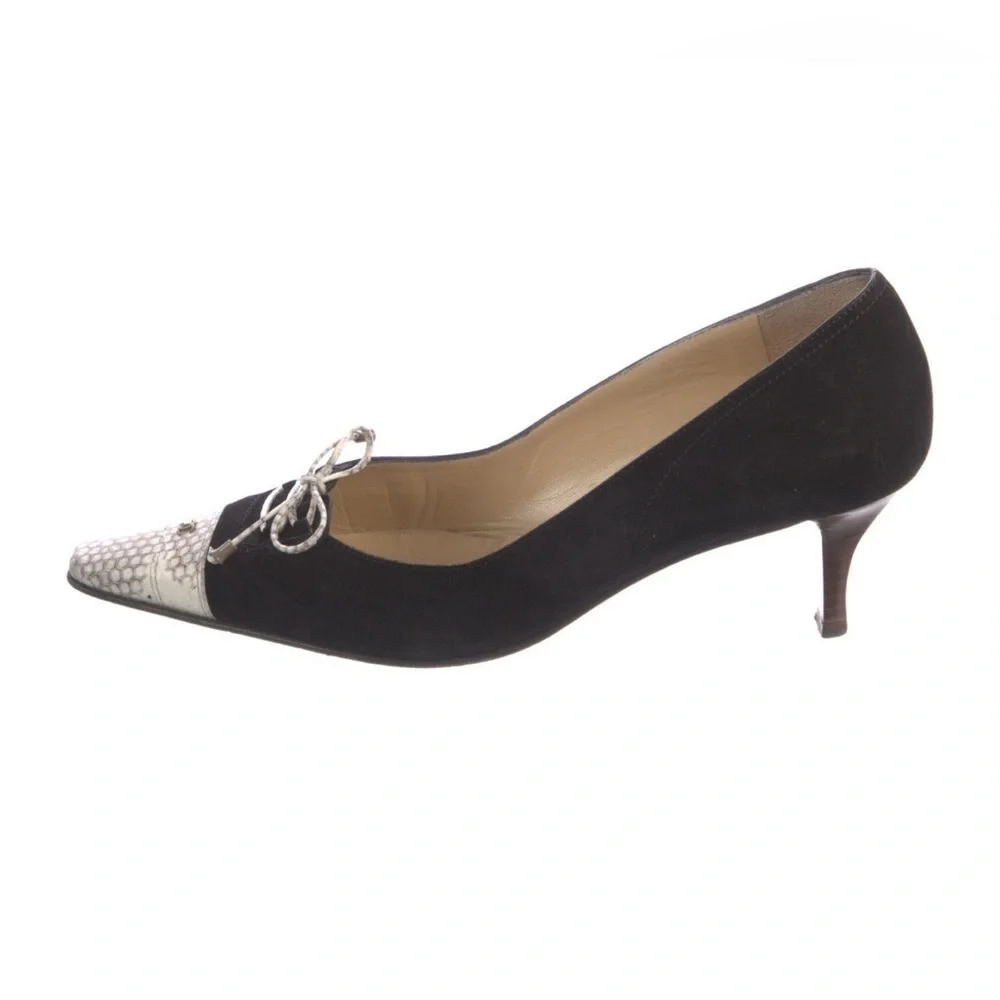 Chanel Suede Kitten Heel Pumps Snakeskin Cap Toe CC Logo Bow Vintage Mules 39 9